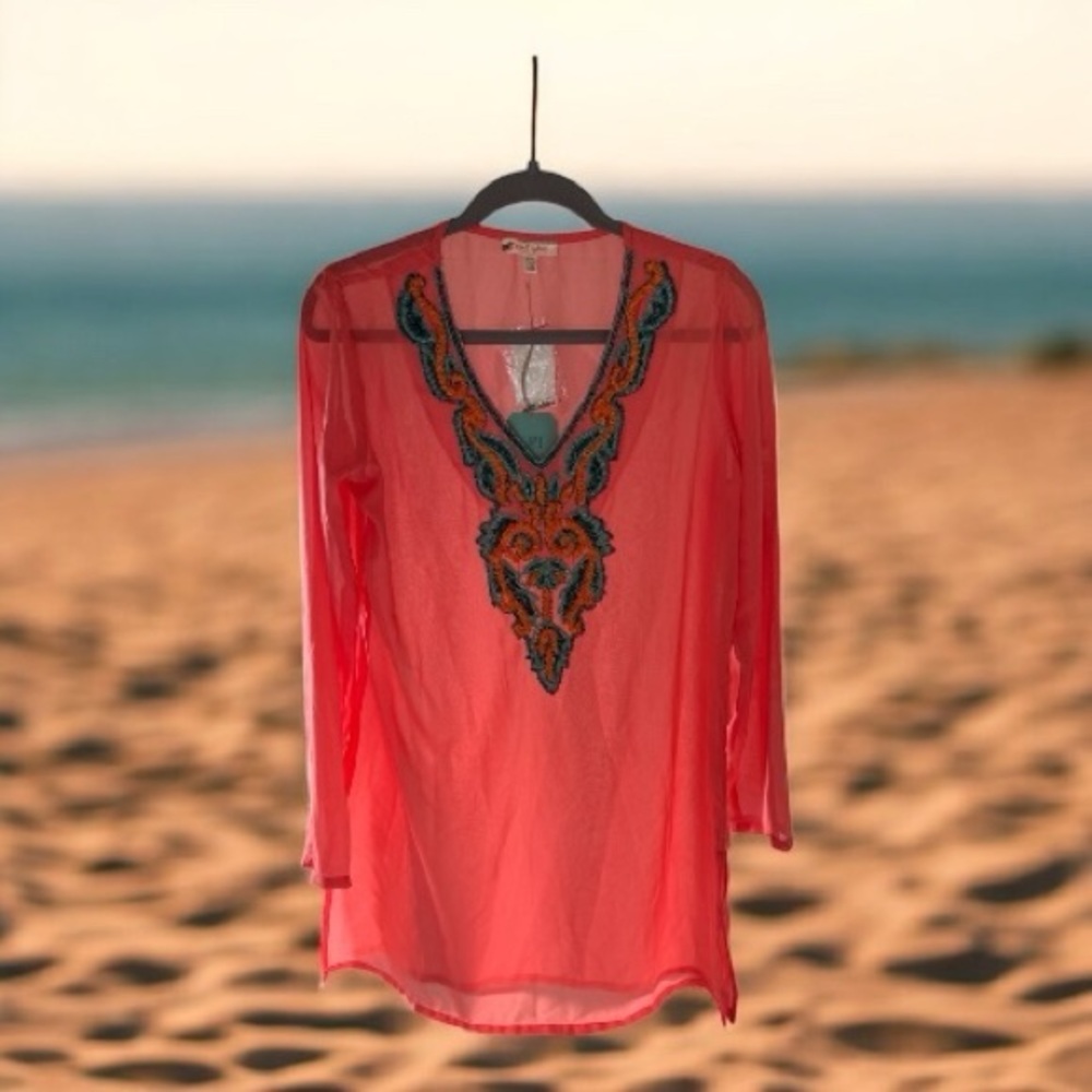 Coral Beaded Embroidered Sheer Beach Cover Up Kimono Swim Coverup Medium NWT